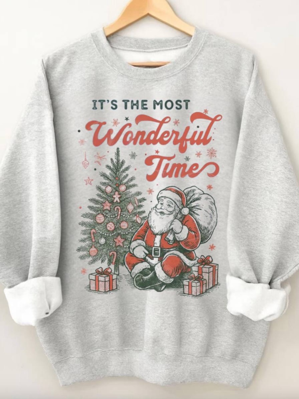 Gildan Light Gray Holiday Sweatshirt with Santa & Tree Graphic